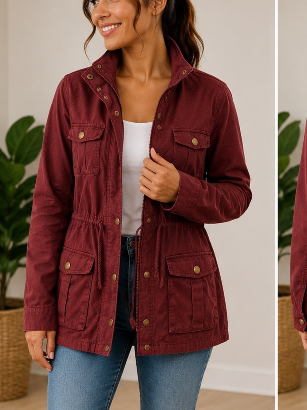 41 HAWTHORN Women's Maroon Utility Field Jacket with Cinch Waist LARGE